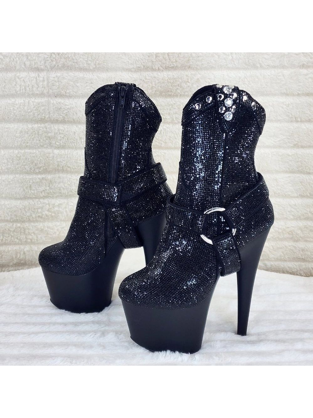 Black Rhinestone High Heel Platform Sexy Western Cowgirl Ankle Boots 1029 - Picture 5 of 10